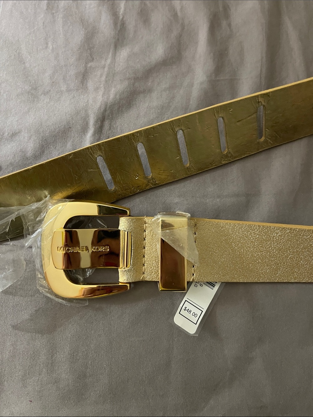 Michael Kors Metallic Gold Leather Belt with Logo Buckle